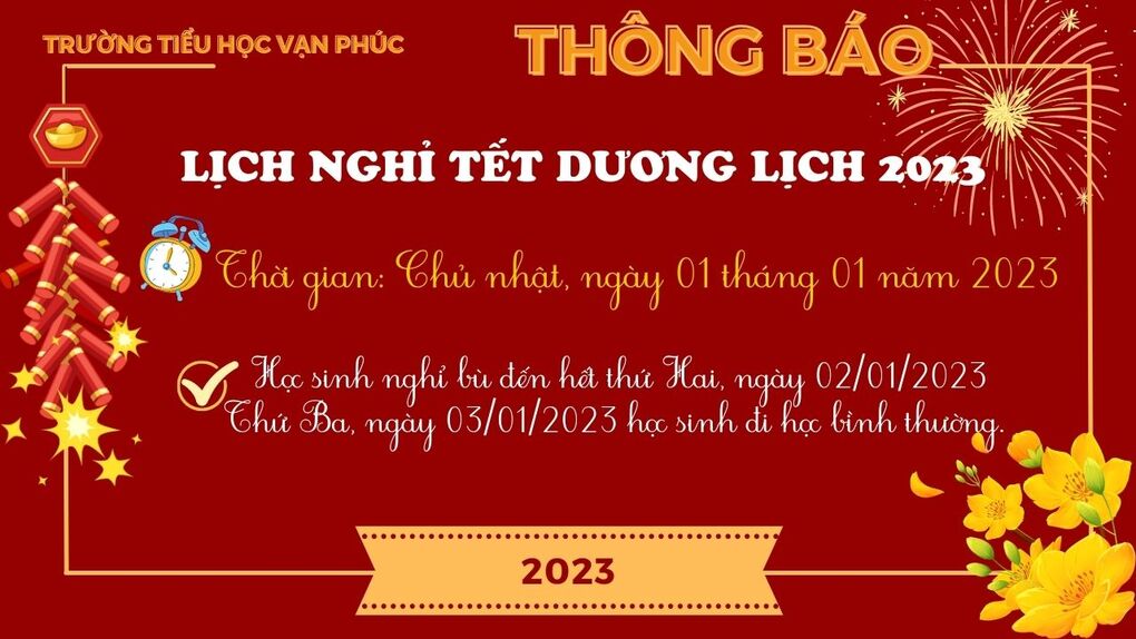Thông báo Lịch nghỉ Tết Dương lịch 2023