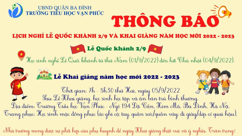 Thông báo lịch nghỉ Lễ Quốc khánh 2/9 và Khai giảng năm học mới 2022 - 2023
