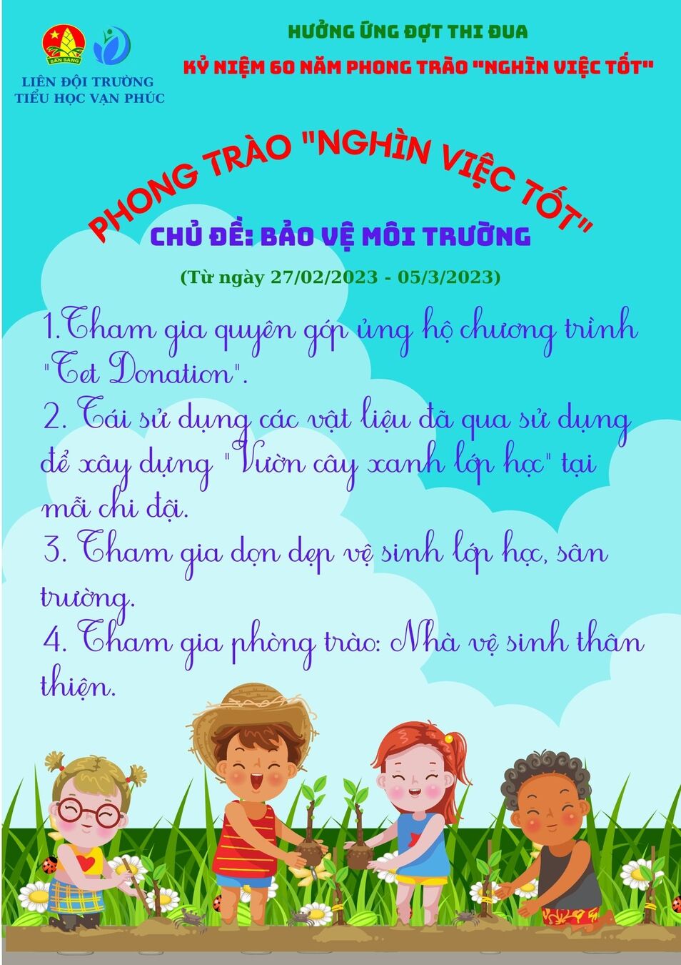 Liên đội Tiểu học Vạn Phúc hưởng ứng Tuần thi đua cao điểm với chủ đề "Bảo vệ mội trường"