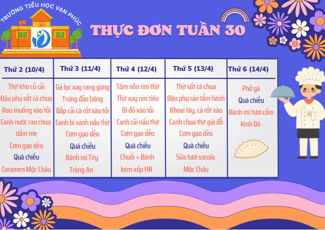 Thực đơn bán trú tuần 30 - Năm học 2022 - 2023