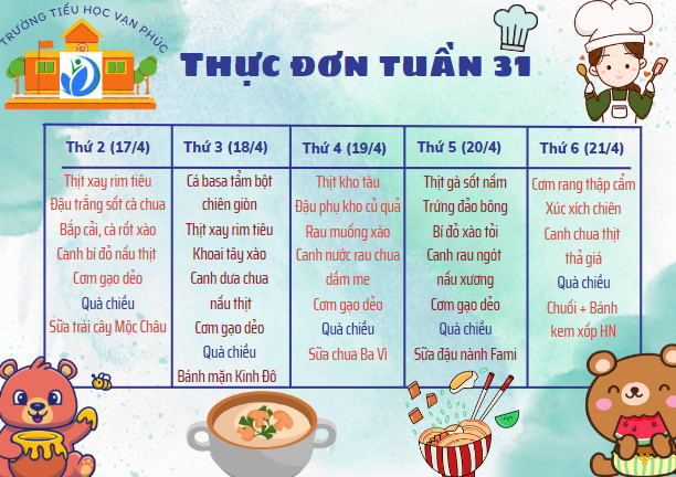 Thực đơn bán trú tuần 31 - Năm học 2022-2023