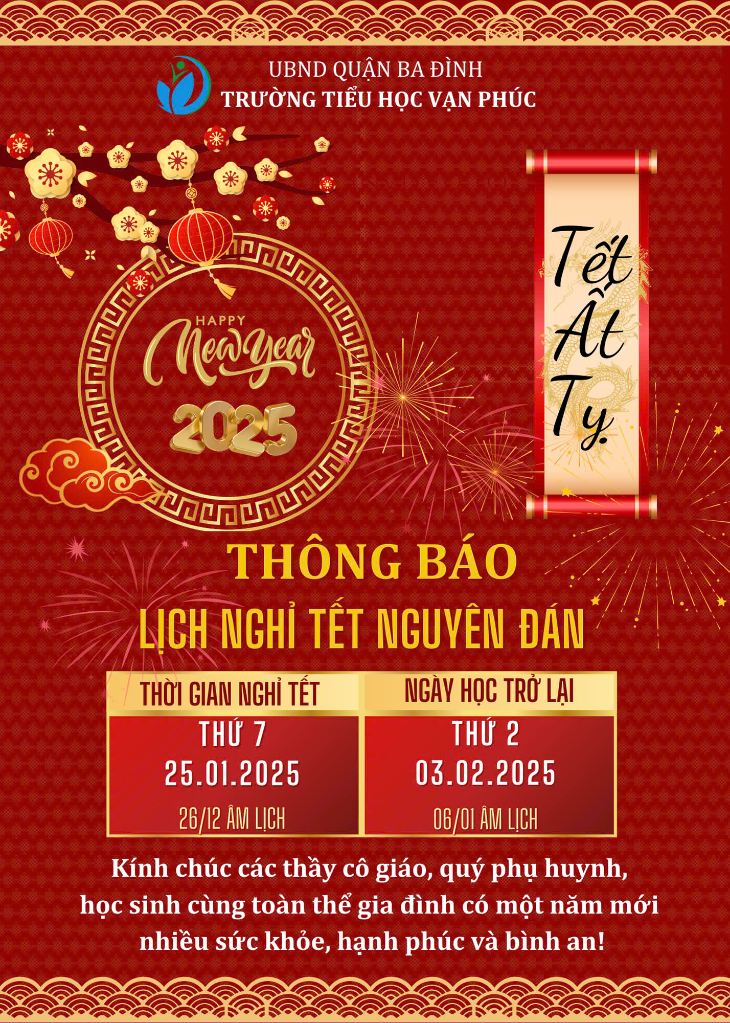 Thông báo lịch nghỉ Tết Nguyên Đán Ất Tỵ 2025