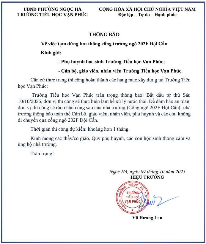 THÔNG BÁO: Về việc tạm dừng lưu thông cổng trường ngõ 202F Đội Cấn