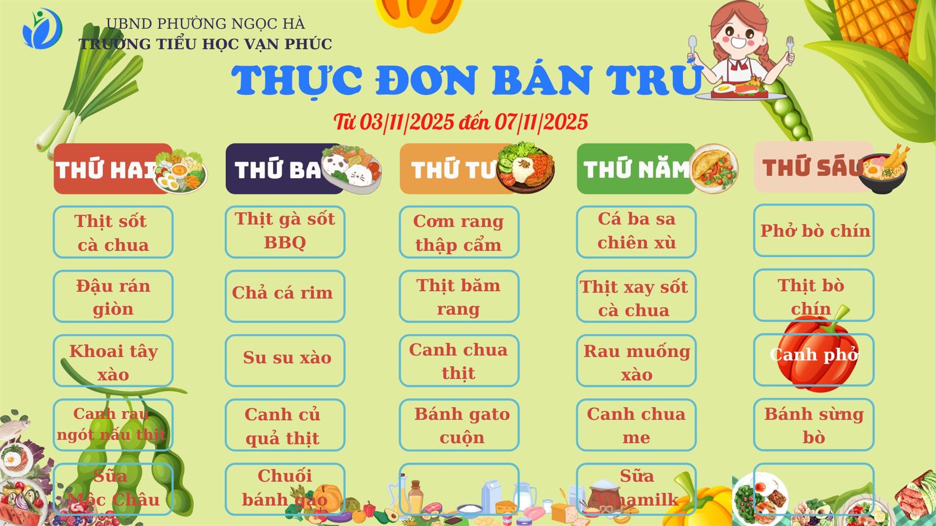 THỰC ĐƠN BÁN TRÚ TUẦN 9