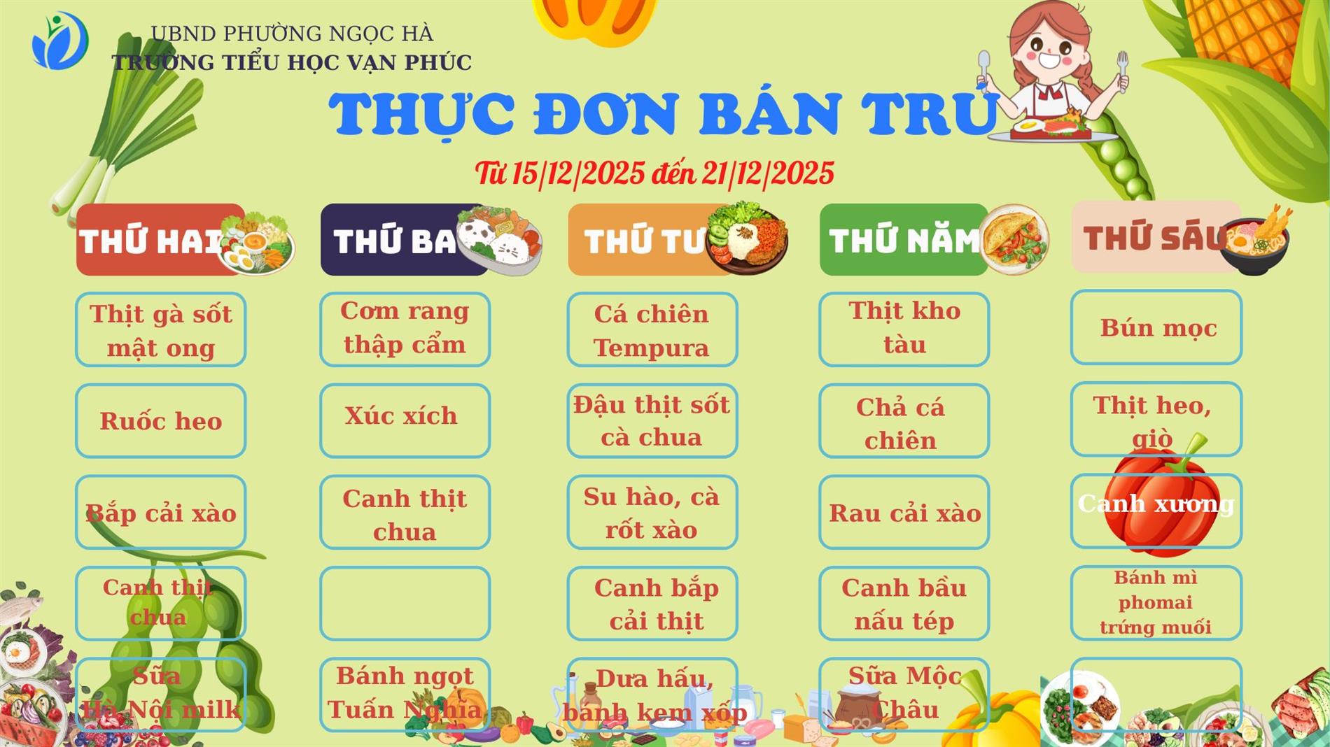 THỰC ĐƠN BÁN TRÚ TUẦN 15