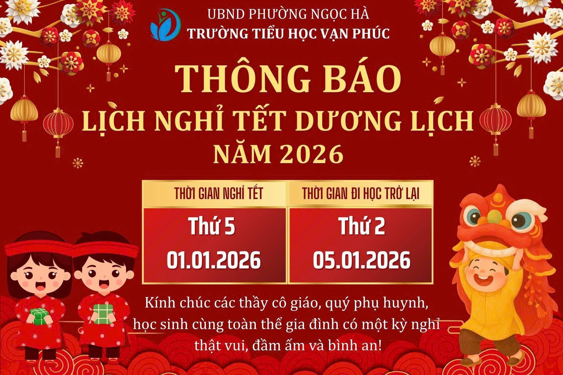 Trường Tiểu học Vạn Phúc thông báo Lịch nghỉ Tết dương lịch 2026