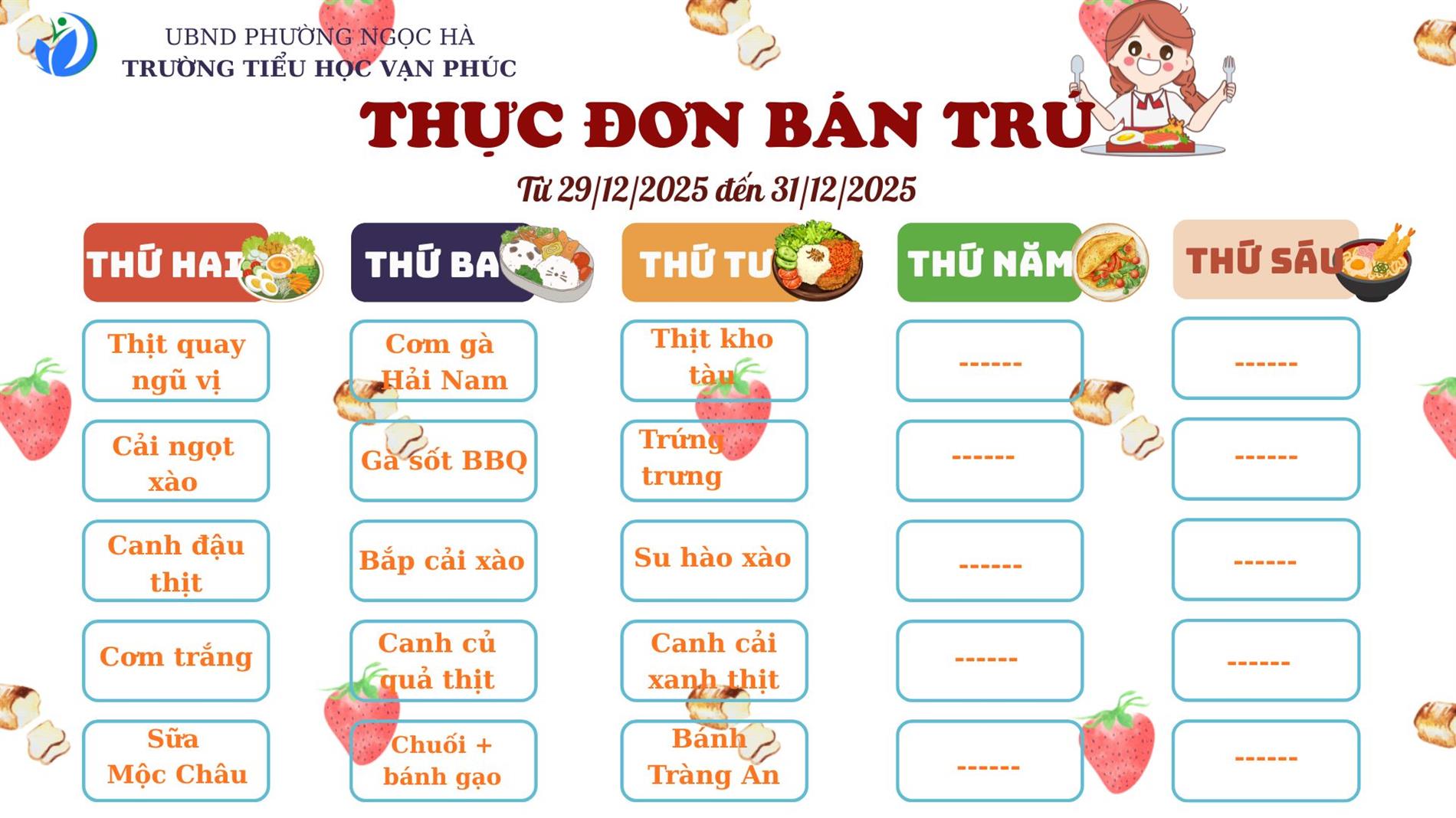 THỰC ĐƠN BÁN TRÚ TUẦN 17