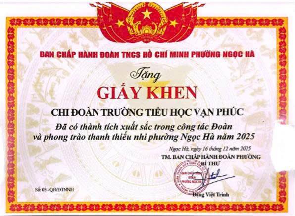 CHI ĐOÀN TRƯỜNG TIỂU HỌC VẠN PHÚC RẠNG RỠ VỚI NHỮNG THÀNH TÍCH XUẤT SẮC TRONG CÔNG TÁC ĐOÀN NĂM 2025