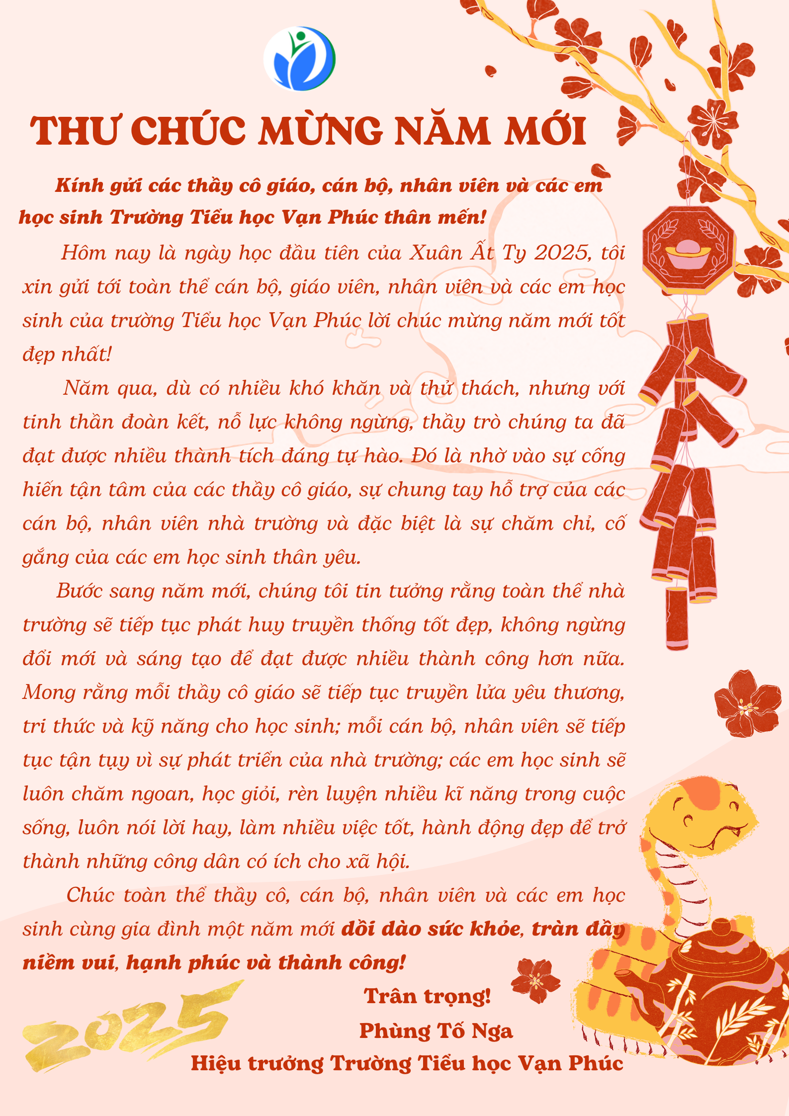 Thư Chúc mừng năm mới 2025 của Hiệu trưởng Trường Tiểu học Vạn Phúc