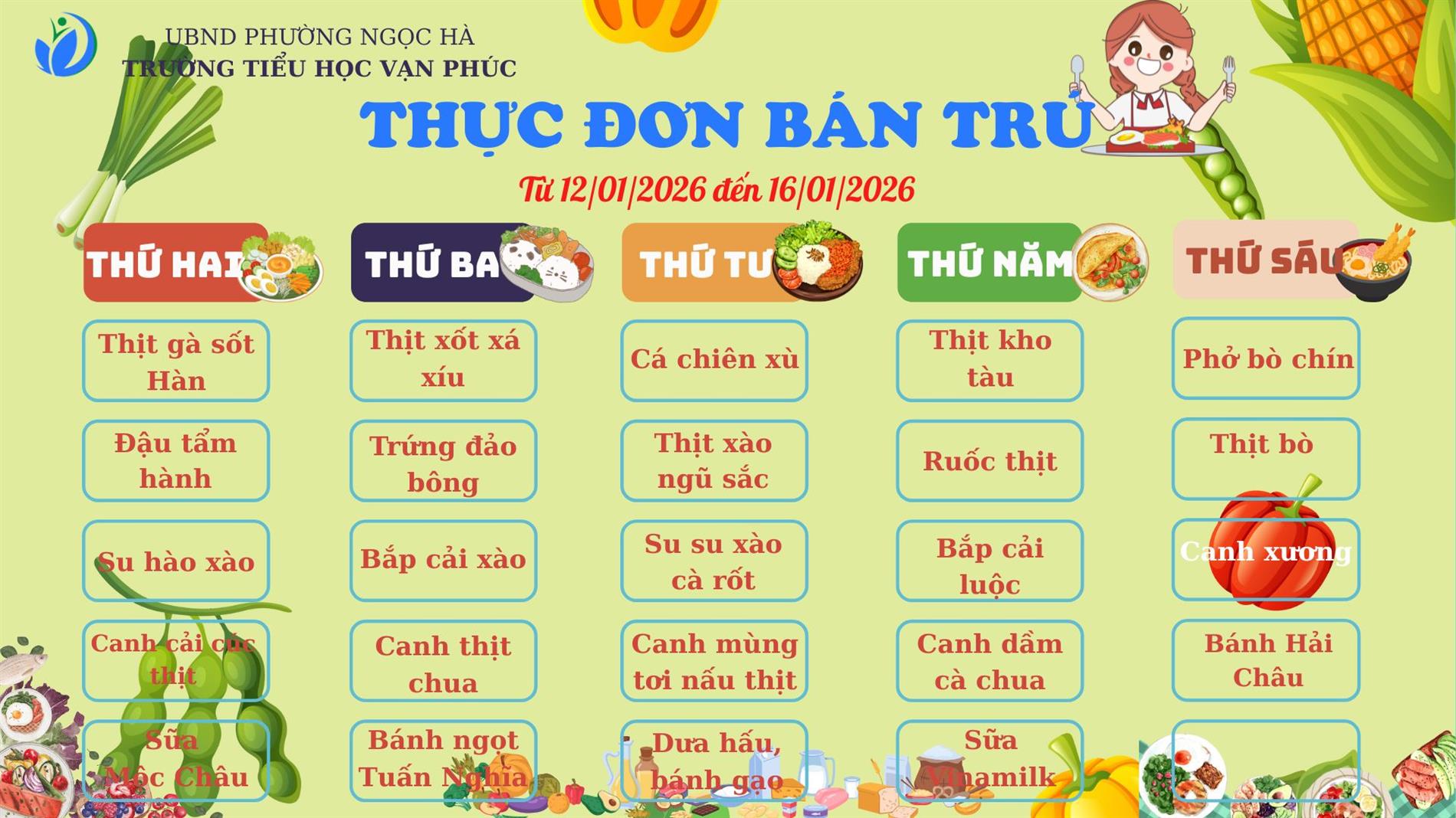 THỰC ĐƠN BÁN TRÚ TUẦN  ĐỆM