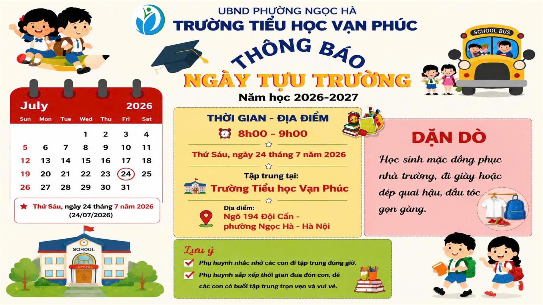 Trường Tiểu học Vạn Phúc thông báo ngày tựu trường