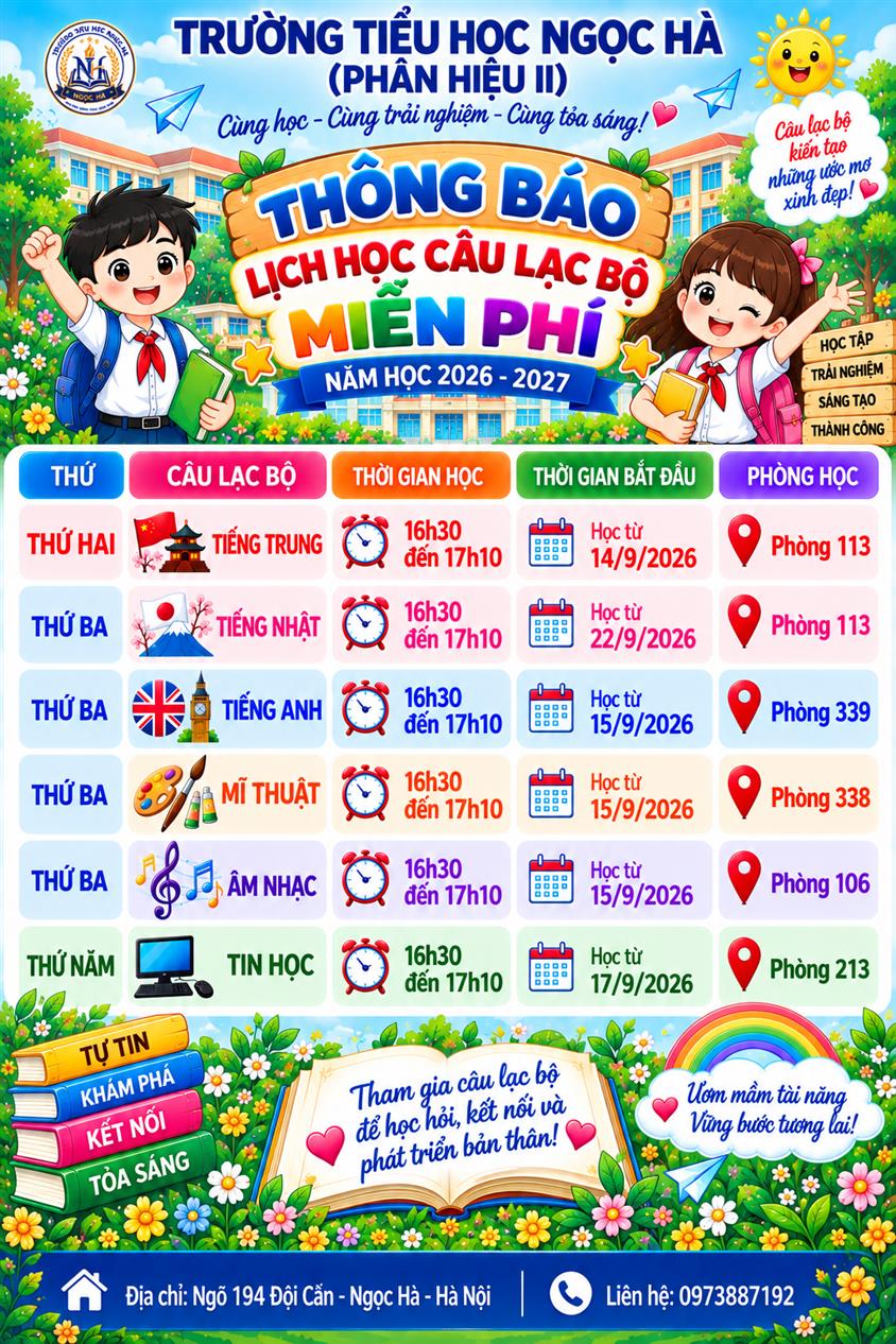 TRƯỜNG TIỂU HỌC NGỌC HÀ - PHÂN HIỆU II THÔNG BÁO LỊCH HỌC CÂU LẠC BỘ MIỄN PHÍ DÀNH CHO CÁC BÉ 5 TUỔI